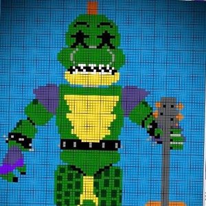 Puede incluir: Imagen pixelada de un personaje verde con forma de caimán sosteniendo una guitarra. El personaje tiene un pecho amarillo, detalles morados y un cinturón negro. El fondo es una cuadrícula de cuadrados azules. La guitarra es gris y naranja.
