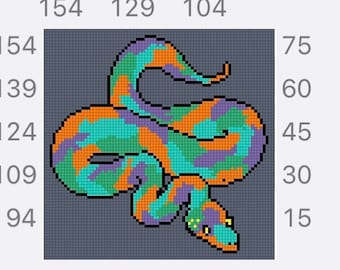 May include: A pixel art pattern of a coiled snake featuring a multi-colored camouflage design in shades of orange, teal, and purple against a dark gray background. The grid includes numerical coordinates 154, 129, 104, 75, 50, 25, 139, 124, 109, 94, 60, 45, 30, and 15.