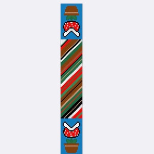 May include: A blue and white striped fabric with a red and white mushroom design at the top and bottom. The mushroom has a brown stem and a green leaf.