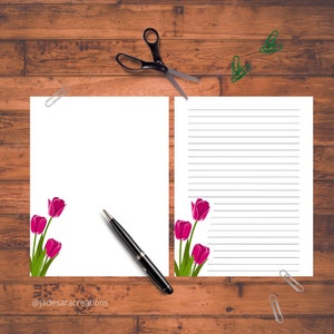 Papelería de flores de tulipán rosa, papel de descarga digital, papelería floral, papel de cuaderno, papel rayado, papel para escribir cartas en papel en blanco