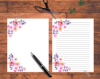 Blommigt brevpapper, linjerat och blankt (digital nedladdning)