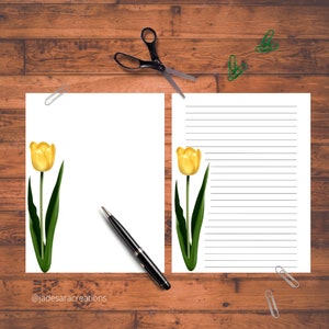 Papelería de flores de tulipán amarillo, papel de descarga digital, papelería floral, papel de cuaderno, papel rayado, papel de carta de escritura en papel en blanco