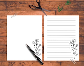 Blommigt brevpapper, linjerat och blankt (digital nedladdning)