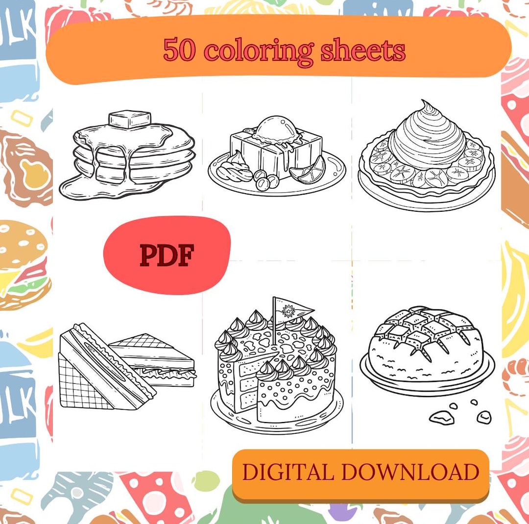 50 Food Coloring Pages – Digital Download (PDF), Printable Food ...