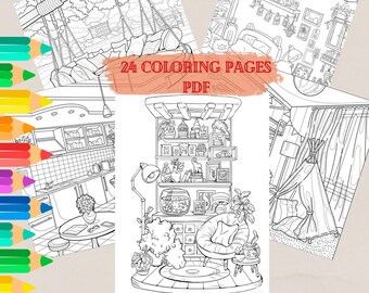 May include: A set of 24 coloring pages featuring different rooms in a house. The pages are black and white line drawings of a kitchen, a living room, a bedroom, and a playroom. The pages are designed for adults and children to color.