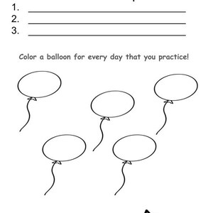 Könnte beinhalten: Ein weißes Arbeitsblatt mit dem Titel "What do I need to practice?" enthält Zeilen zum Schreiben, Ballons zum Ausmalen und die Frage "Did you practice 5 days?" mit einem Stern.