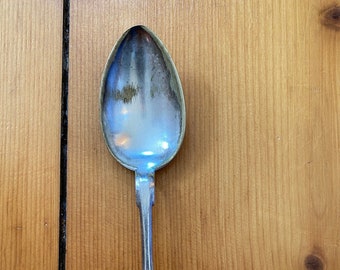 May include: A silver spoon with a rounded bowl and a long, slender handle.