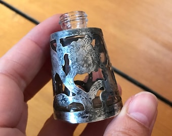 Antique Silver-clad Perfume Bottle - Small Glass Vase - Silver and Glass Bottle