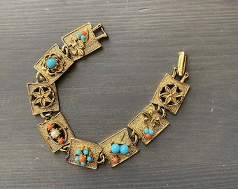 Vintage Gold Tone Linked Bracelet with Faux Pearl Turquoise and Coral Detail - Vintage Jewelry