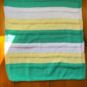 Hand Knit Baby Blanket - Soft Blanket - 30&quot; x 29&quot; - Green White and Yellow - Baby Shower - Handmade Gifts