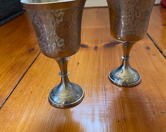 Vintage ZY India World Gift Silver Plate Engraved Stemmed Chalice Goblets-Marked - Set of 2