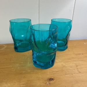 Vintage Bormioli Sargento Rocco Turquoise Dimpled Wavy Glasses - 4.25" - Vintage Barware - Blue Glasses - Vintage Home - Set of 3