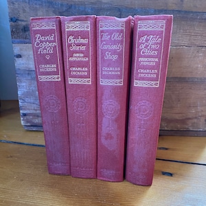 Charles Dickens Bundle of Antique Red Hardcover Books - Set of 4 - Vintage Library Decor