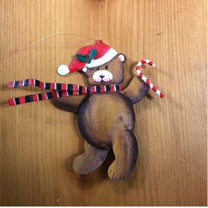 Vintage Hand painted Metal Teddy Bear Ornament - Santa Bear - Vintage Holiday - Christmas Ornament