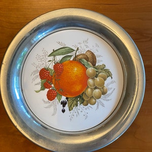 Vintage Pewter and Ceramic Trivet/Plate - Vintage Gifts - Fruit Decor