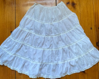 Vintage Homemade Cotton Slip Skirt - White Poly/Cotton and Lace Tiered Skirt - Prairie Skirt - Vintage Slip