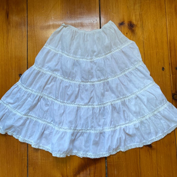 Vintage Homemade Cotton Slip Skirt - White Poly/Cotton and Lace Tiered Skirt - Prairie Skirt - Vintage Slip