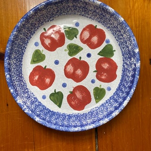 Vintage Ceramic Pie Plate - Blue Sponge and Red Apple Pattern - 10.75&quot; Pie Dish - Vintage Home - Farmhouse - Cottage