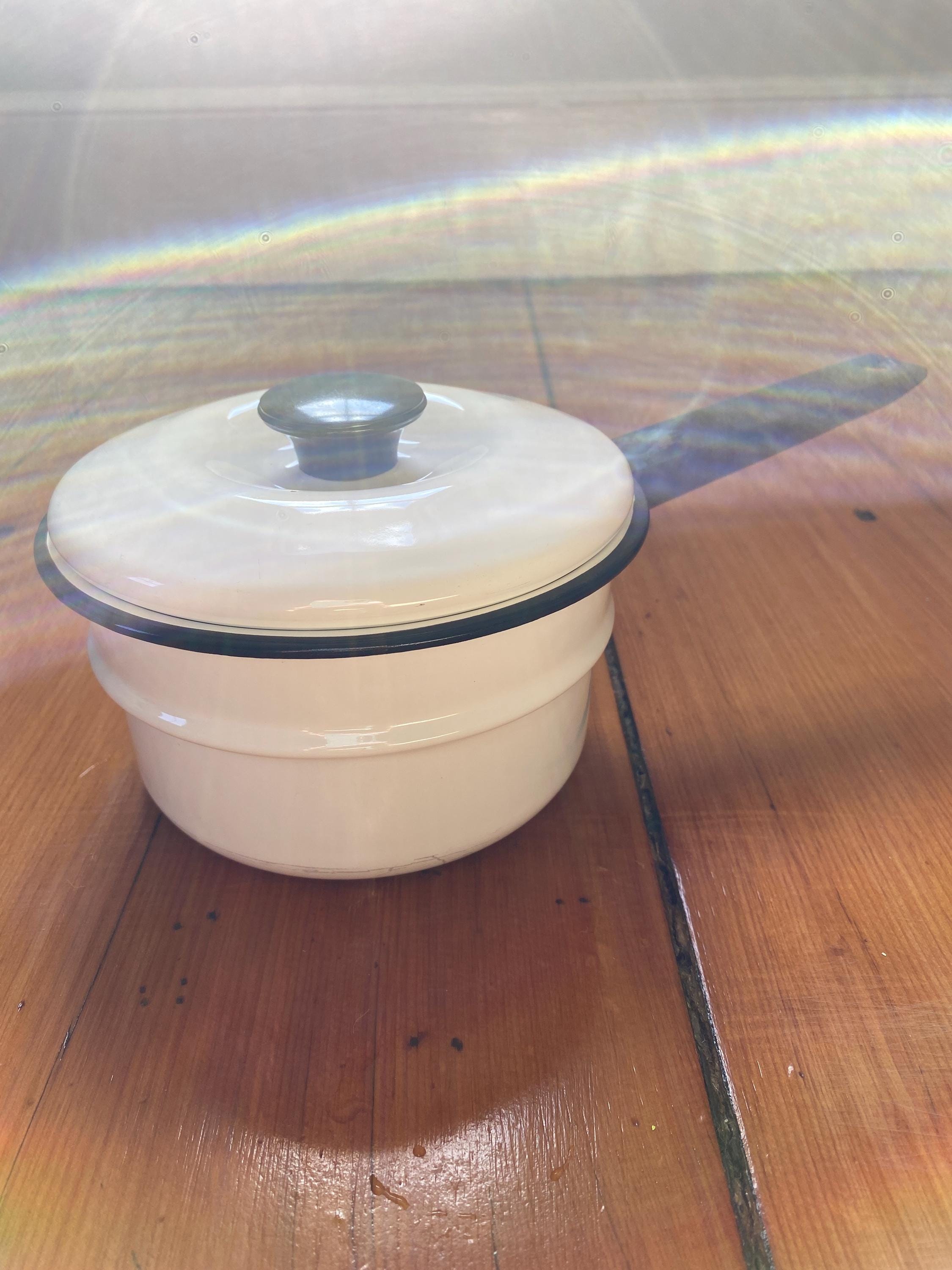 Vintage White and Black Enamelware Sauce Pan - Farmhouse Kitchen - Vintage Home - Vintage Camping