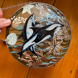 Vintage Amia Painted Sun Catcher with Orca Swimming - Vintage Home - Coastal Home