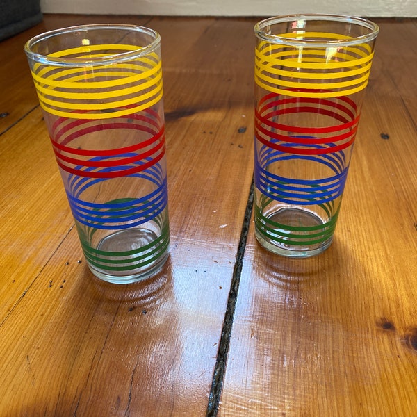 Vintage Multi-Color Striped Highball Glasses - Set of 2