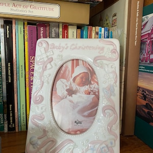 Vintage Russ White Ceramic Picture Frame &quot;Baby&#39;s Christening&quot; - Standing Photo Frame - New Old Stock