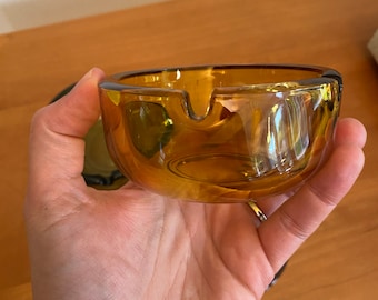 Vintage Glass Round Ashtray - Plain or Branded - Amber Glass - Green Glass Trinket Dish - Vintage Home