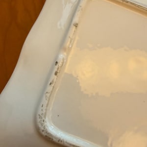 May include: A white rectangular ceramic serving dish with a slightly wavy edge. The dish has a glossy finish and shows signs of wear along the edges, with some discoloration.