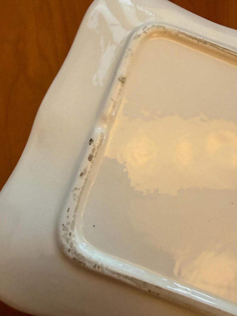 May include: A white rectangular ceramic serving dish with a slightly wavy edge. The dish has a glossy finish and shows signs of wear along the edges, with some discoloration.