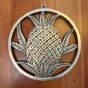 May include: A circular silver-toned metal trivet featuring a central pineapple motif with a textured diamond pattern and stylized leaves extending outward. The design is enclosed within a smooth metal ring with a small loop at the top for hanging.