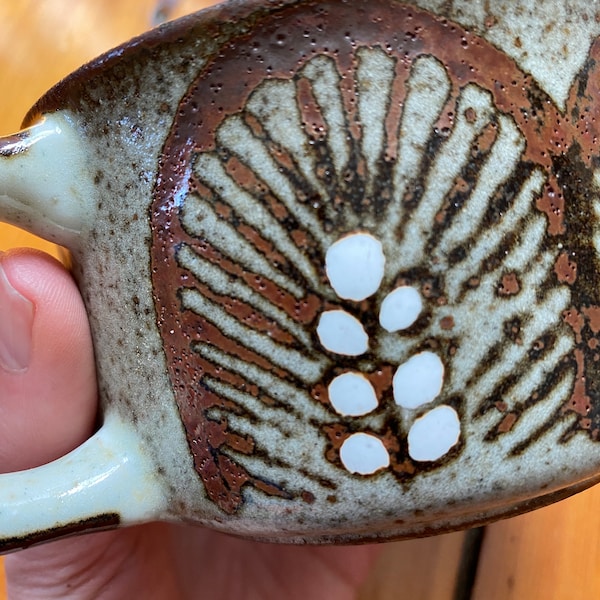 Vintage Speckled Stoneware Mug with Brown and White Abstract Design - Heavy Ceramic Mug - 1970s Style