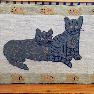 Antique Hand-Hooked Wool Rug - Cats and Fish - Contemporary Frame - 36&quot; x 24&quot;