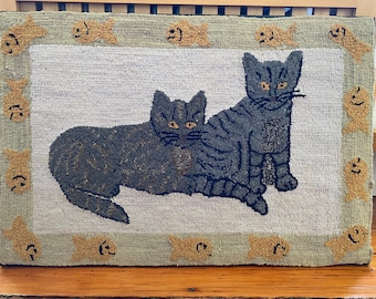 Antique Hand-Hooked Wool Rug - Cats and Fish - Contemporary Frame - 36&quot; x 24&quot;