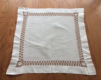 Vintage Linen Square Dresser Scarf with Openwork - White Linen - Vintage Home