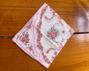 Vintage Linen Handkerchief - Printed Pink and Red Roses Handkerchief - White Linen