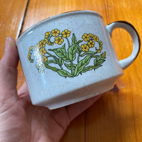 Vintage Speckled Stoneware Mug with Yellow Wildflower Design - Heavy Ceramic Mug - 1970s Style