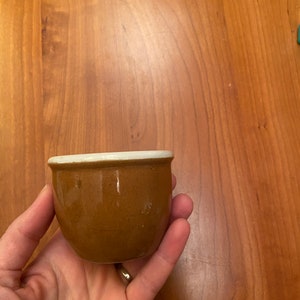 May include: A small, brown ceramic bowl with a white rim. The bowl has a rounded shape and is held in a hand. The bowl is likely used for serving small portions of food or as a decorative item.