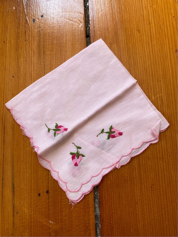 Vintage Linen Handkerchief - Embroidered Pink Flow