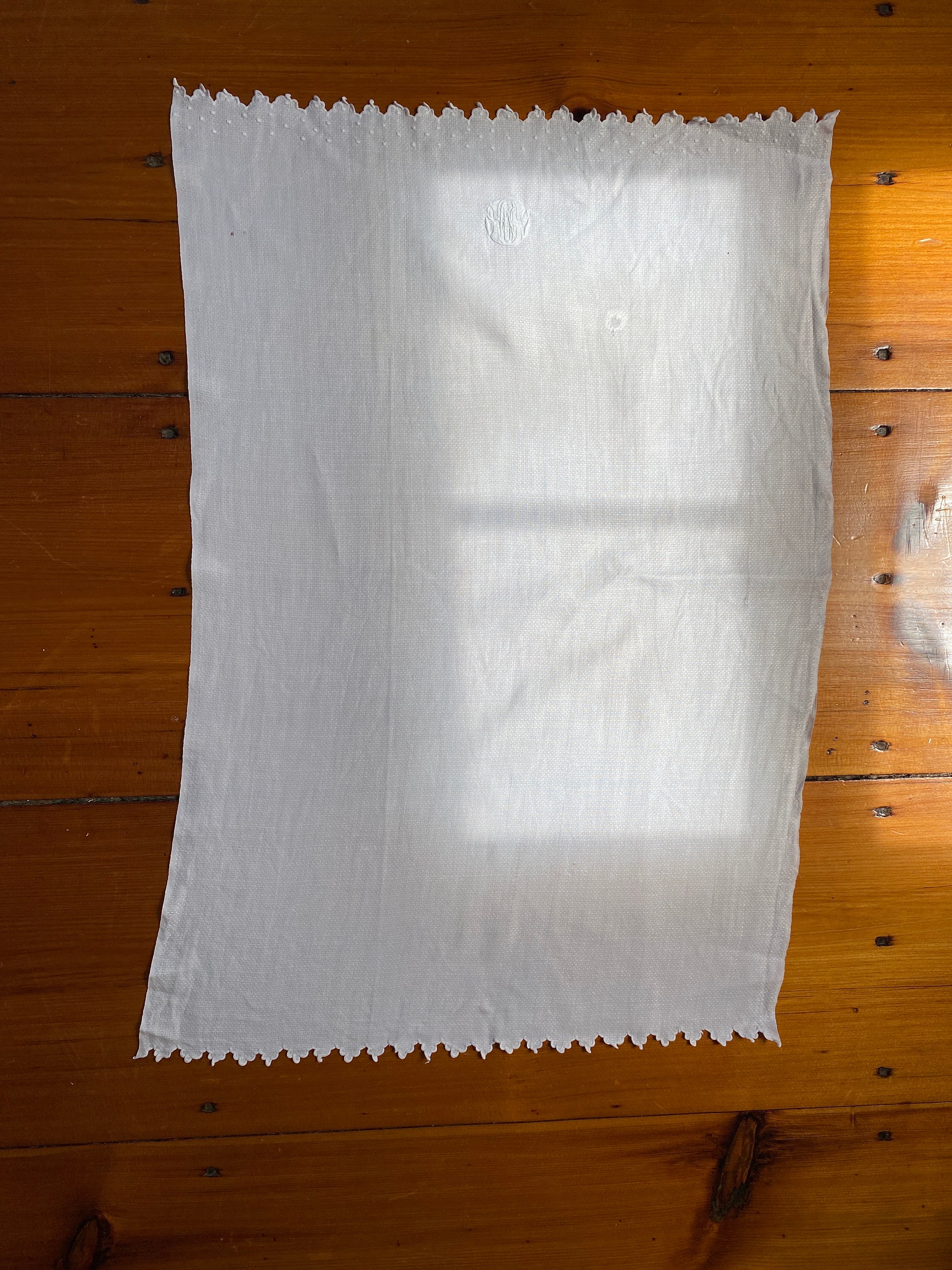 Vintage White Linen Dresser Scarf - Embroidered Monogram Linen Table Runner - 29" x 19"