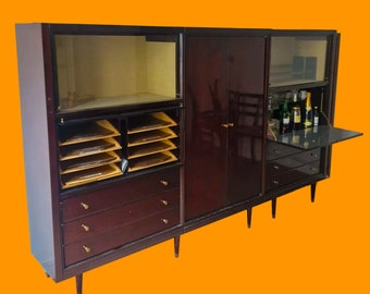 Buffet haut original avec vitrine / bar des années 1960 / Vinyles en 3 modules