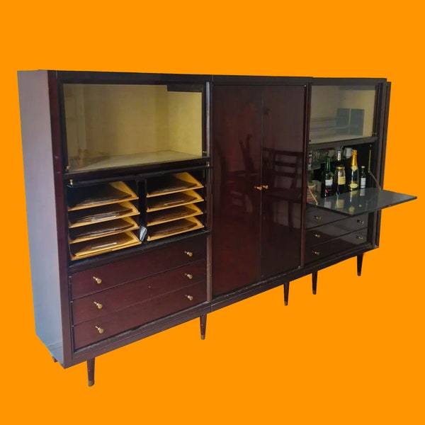 Buffet haut original avec vitrine / bar des années 1960 / Vinyles en 3 modules