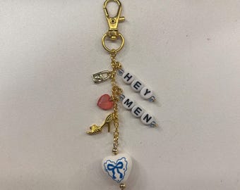 Sabrina Carpenter Inspired Gold Blue Bow Heart Manchild Hey Men Keychain Bag Charm