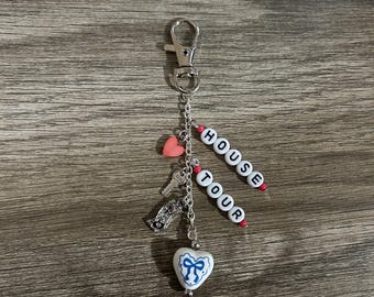 Sabrina Carpenter Inspired Silver Blue Bow Heart House Tour Keychain Bag Charm