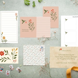 Kit de cartas para impressão, papelaria floral, cartões e lembretes para download digital com notas significativas