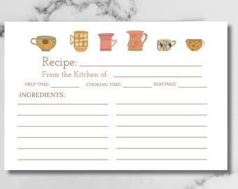 Vintage Tea Cup Recipe Cards — Hand Illustrated, Set of 12, 24 or 36 | Kitchen Gift | Bridal Shower Recipe Card