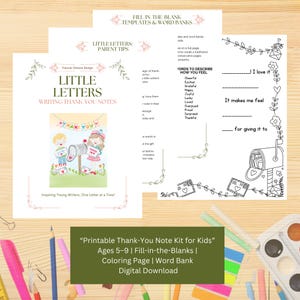 Kit de notas de agradecimiento imprimibles para niños: plantillas divertidas para escribir cartas, actividad de gratitud, página para colorear y práctica de escritura a mano (PDF)