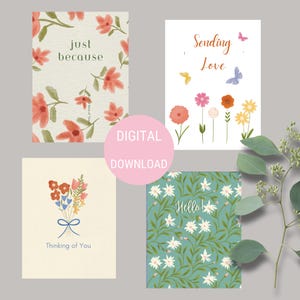 Tarjetas de felicitación imprimibles para todos los días: set de tarjetas digitales florales con frases como "Hola", "Pensando en ti", "Simplemente porque sí" y "Enviando amor" (A2, descarga PDF)