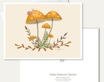 May include: A blank greeting card featuring an illustration of orange mushrooms with white spots, a small snail on the largest cap, and green ferns. The back of the card displays the text Golden Mushroom Collection, Blank Greeting Card, A Frances Simone Design Original, and the website address.