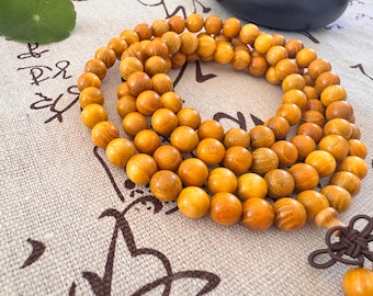 Handmade Natural Golden Sandalwood Mala Bracelet 108 Beads Meditation Protection Calming Energy Buddhist Prayer Beads Wooden Necklace