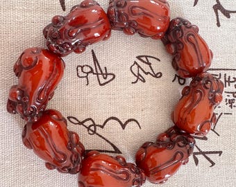 Vintage Pixiu Bodhi Bracelet — Red Carved Feng Shui Wristband for Luck, Wealth & Protection (Men’s / Unisex) 貔貅手串